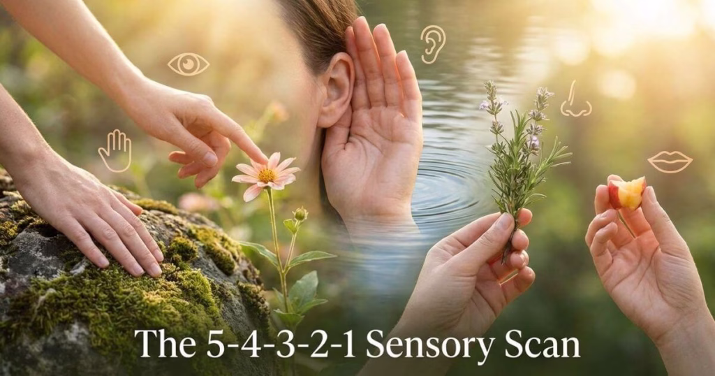 The 5-4-3-2-1 Sensory Scan grounding meditation technique explanation image