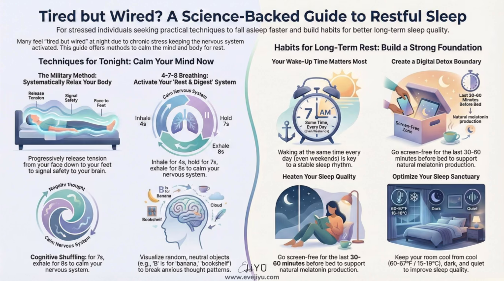 infographic explaining how to fall asleep fast | Eve Jiyu