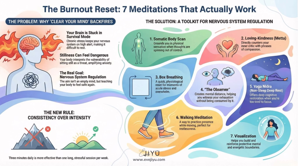 infographic showing Seven Meditations for Burnout Recover | Eve Jiyu