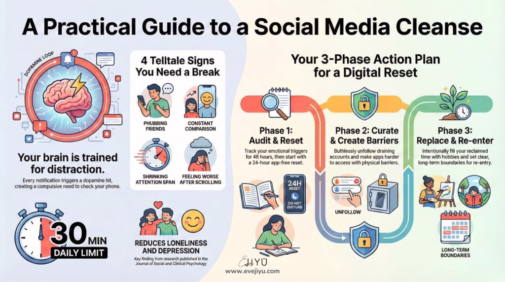 Infographic explained social media cleanse and structured seven-step cleanse to restore mental clarity | Eve Jiyu 