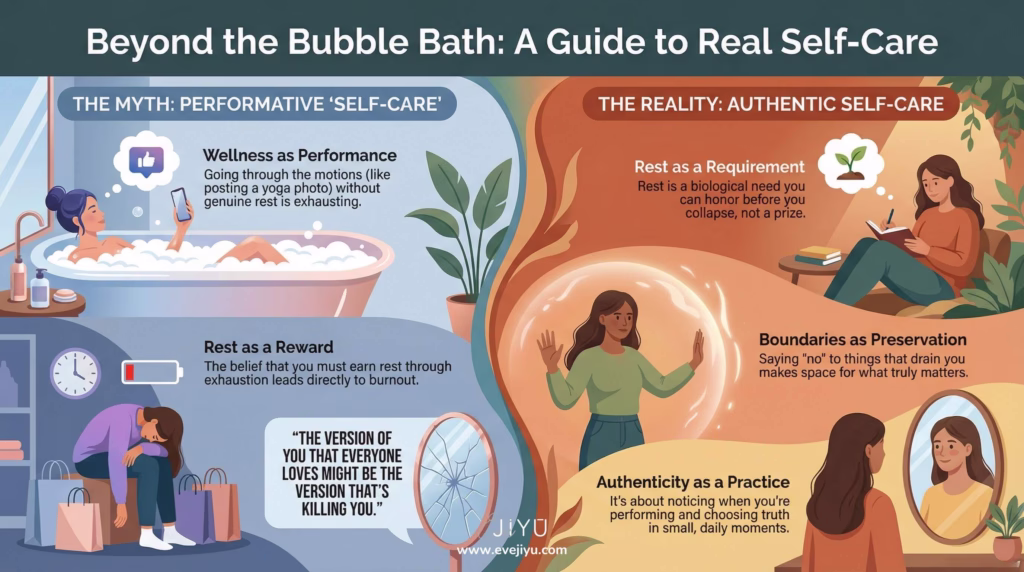 Infographic showing what real self vcare is | 101 Authentic Self Care Quotes to Reclaim Your Inner Calm Today | Eve Jiyu