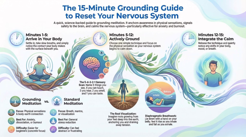 Infographic explaining The 15-Minute Grounding Guide for Nervous System Reset
