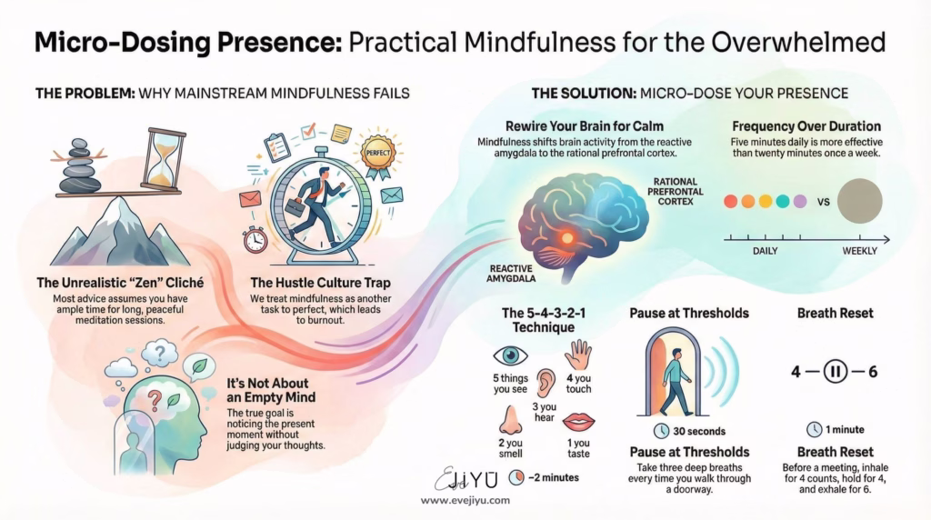 An infographic titled "Micro-Dosing Presence" for burnout recovery, illustrating simple mindful activities like the 5-4-3-2-1 grounding technique, temperature shifting, and threshold pauses to help women reclaim their focus.